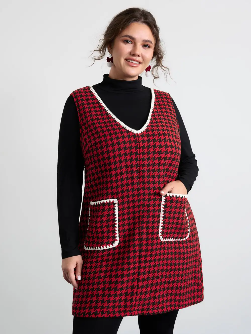 Houndstooth Embroidery Patch Pockets Dress