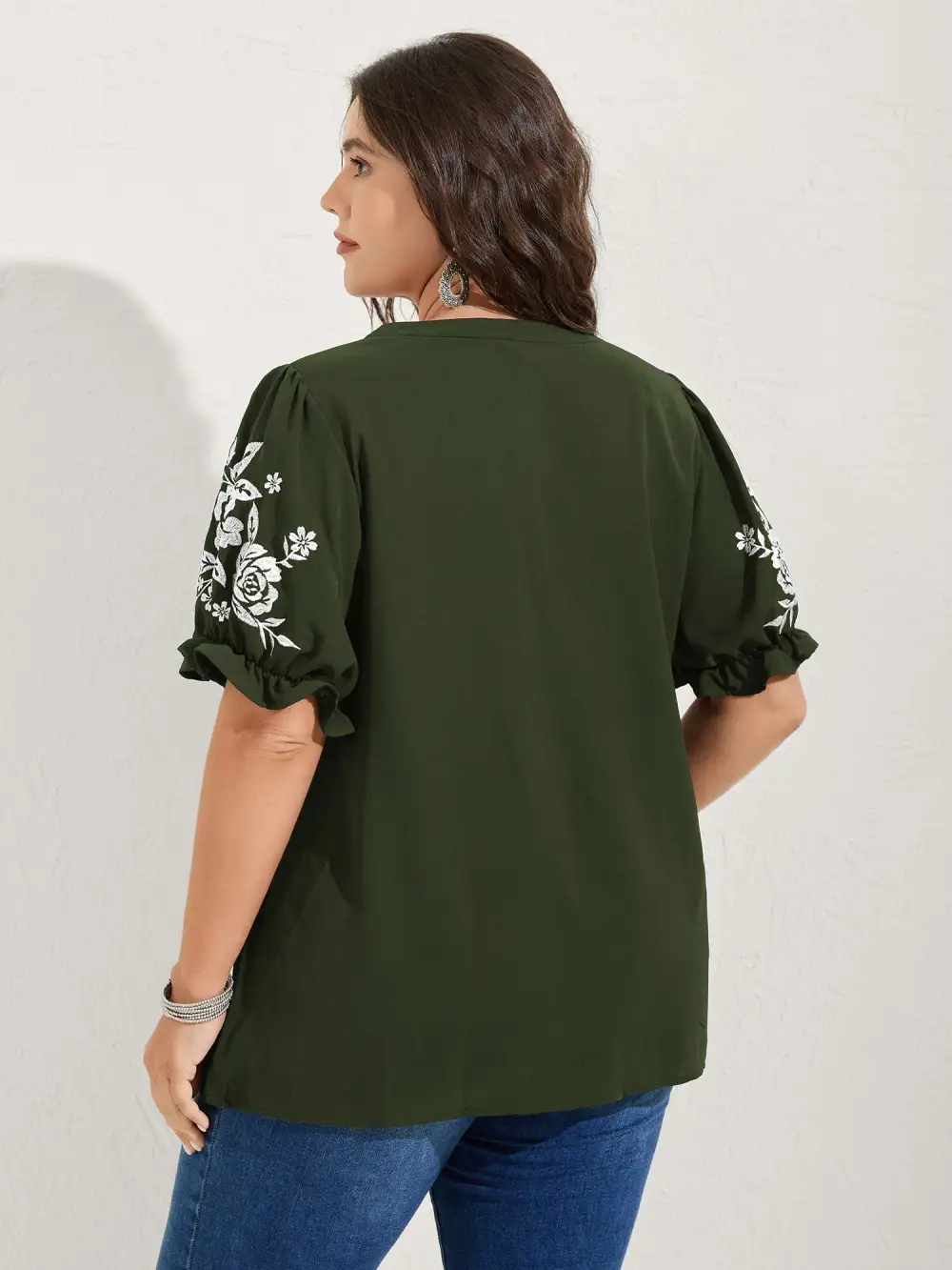 Notched Collar Embroidered Ruffled Blouse