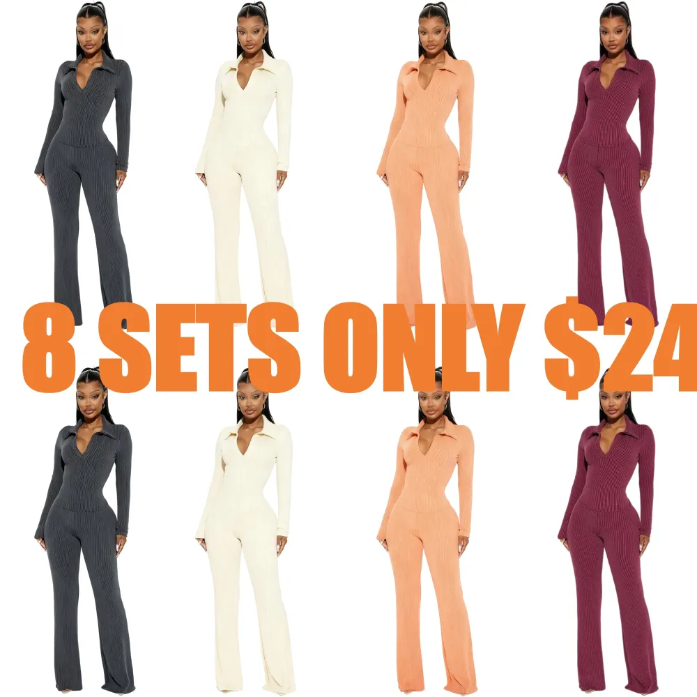 Ribbed Knit Collared Deep V Slim-Fit Set - Fashion Two-Piece with Flared Pants