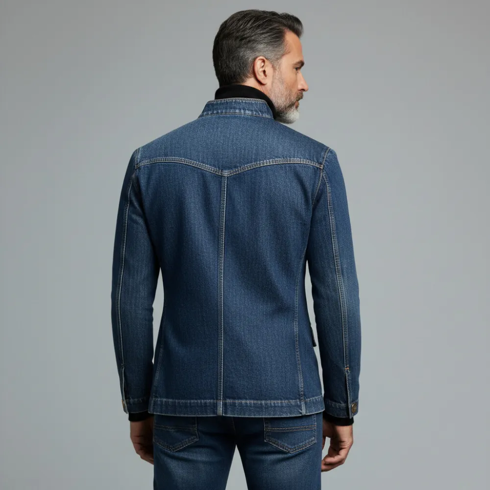 Men's Blue Stand Collar Asymmetrical Button Long Sleeve Denim Jacket