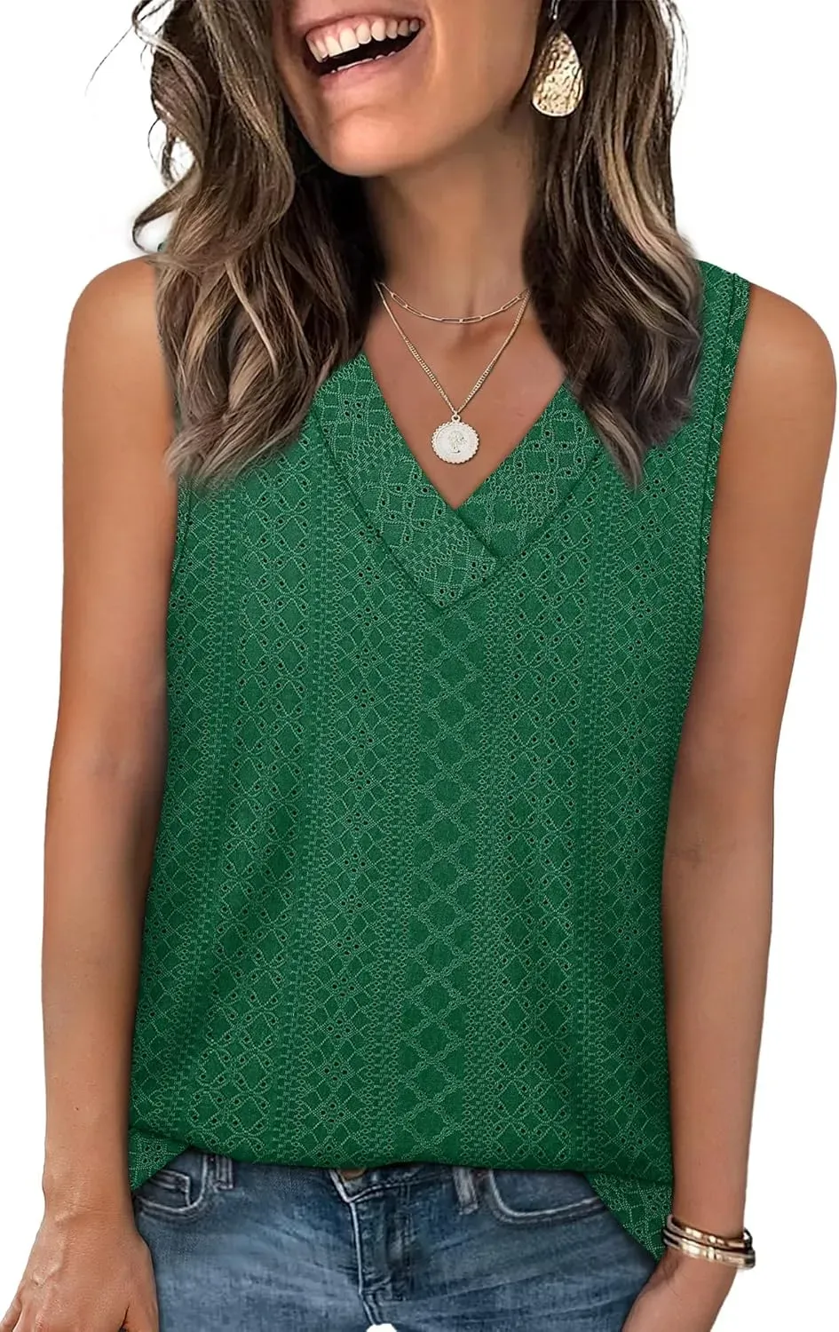 ✨Women Summer Outfits V Neck Tank Trendy Eyelet Sleeveless Basic T Shirts