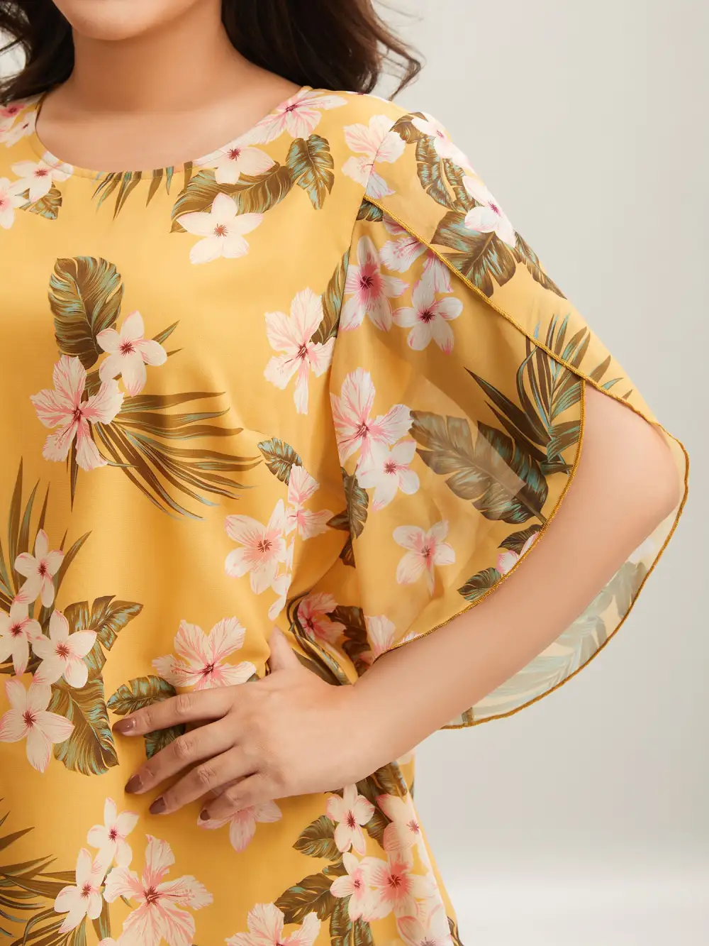 Petal Sleeve Floral Round Neck Shirt