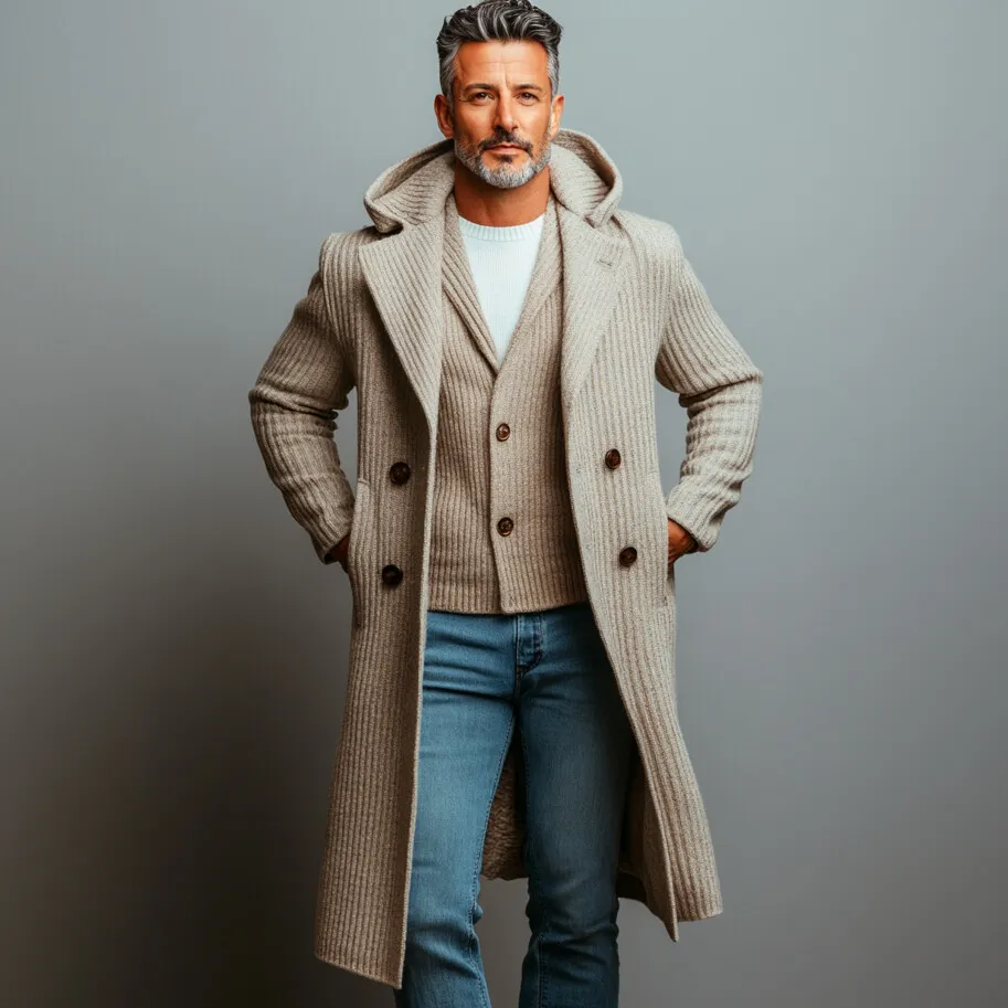 Men's Daily Knitted Double Breasted Pocket Long Sleeve Hooded Overcoat