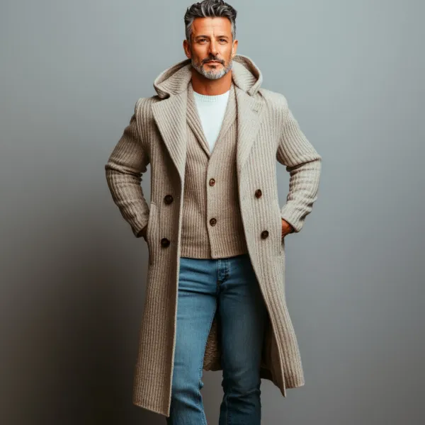 Men's Daily Knitted Double Breasted Pocket Long Sleeve Hooded Overcoat