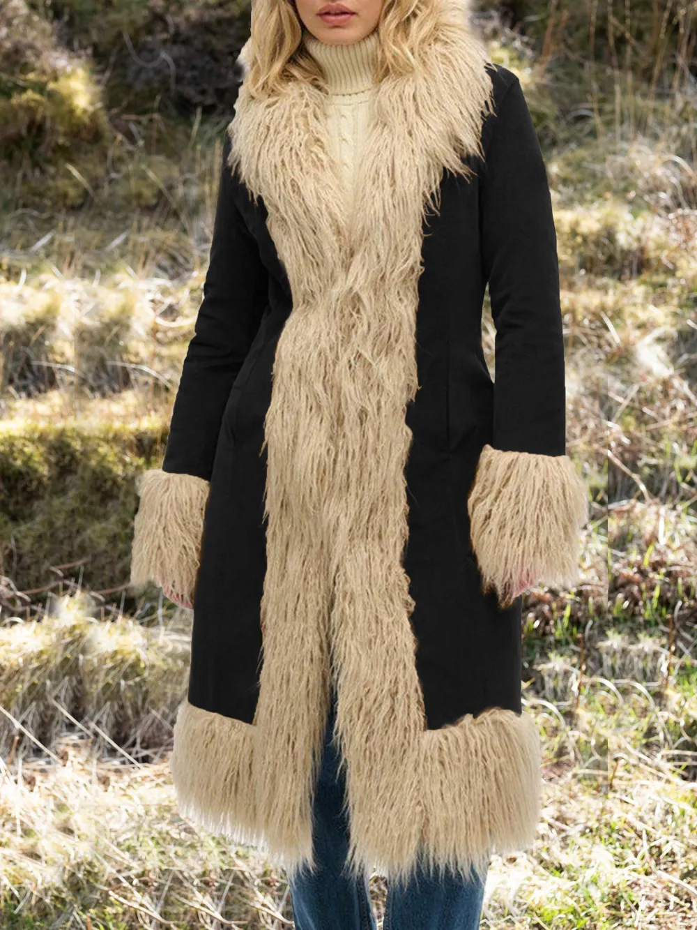 Superdry Faux Fur Lined Longline Afghan Coat, Tobacco Brown