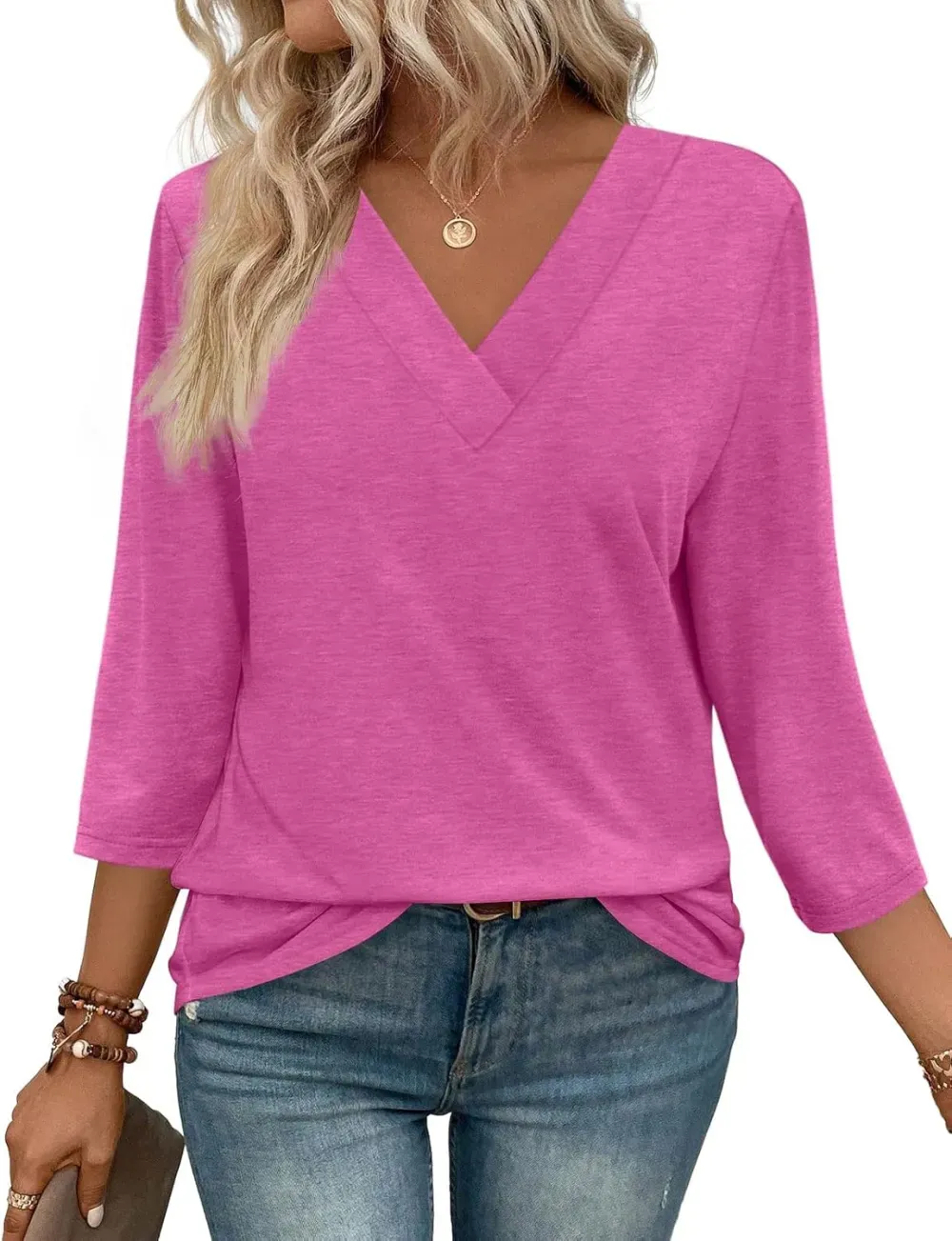 ✨Flash Sale Women's Trendy V Neck 3/4 Long Sleeve Tops Loose Fit Blouse