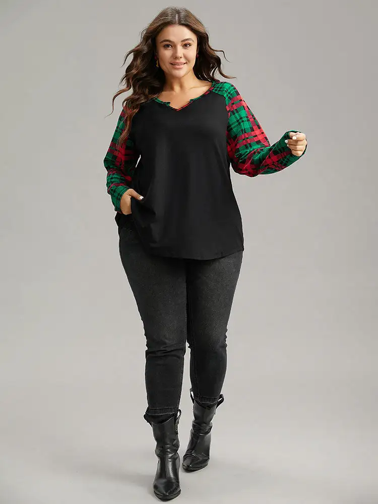 Plaid Contrast Notched Raglan Sleeve T-shirt