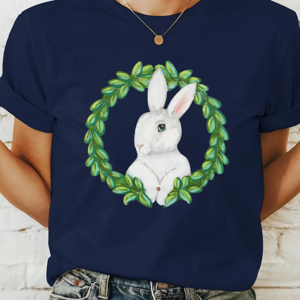 Pattern Of A White Rabbit Surrounded By A Wreath Of Green Leaves, Easter, Casual T-Shirt.