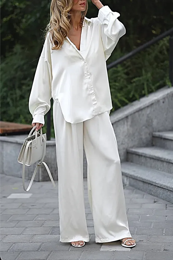 Women's Fashion Solid Color Silk Fabric Tank Top and Shirt and Pants Three Piece Set