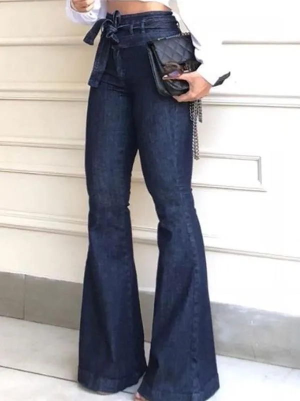 Jeans feminino de cintura alta micro-elástico com cadarço