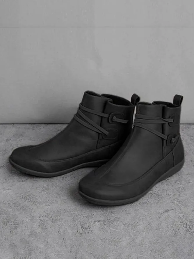 Vintage Women Casual Braided Strap Breathable Lether PU Flat Heel Classic Boots