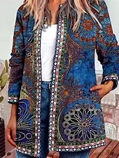 Women's Casual Lightweight Coat Open Front Work Print Geometric Comfortable Boho Vintage Regular Fit Long Sleeve With Pocket Outerwear Long Sleeve Fall Lake blue S