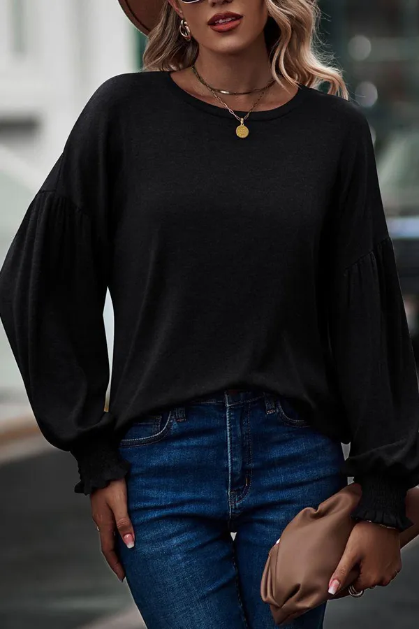 Smocked Bell Cuffs Long Balloon Sleeve Pullover