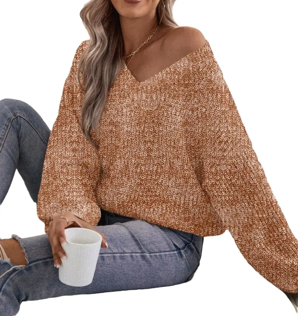 Casual Plain V neck Pullovers Long Sleeve Brown Women Sweaters (Women's)