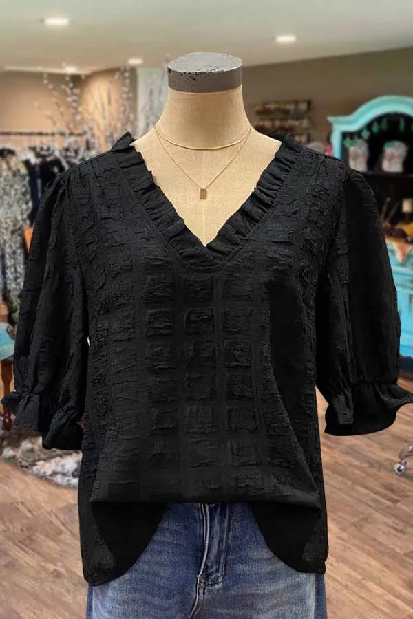 Solid V-Neck Textured Ruffle Sleeve Top