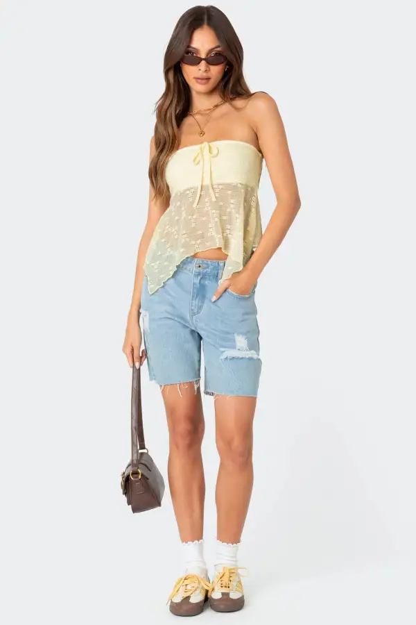 Embroidered Sheer Strapless Top