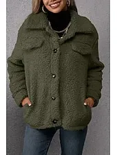 Women's Sherpa Jacket Comfortable Breathable Pocket Buttons Casual Plain Vacation Street Casual Daily Wear Single Breasted Short Turndown Regular Fit Long Sleeve Outerwear Khaki Army Green Dark Gray