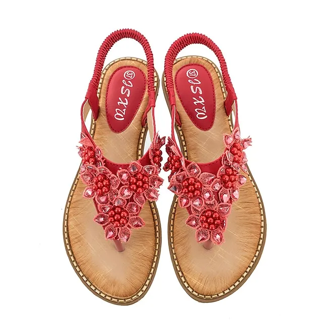 Women's Sandals Flat Sandals Party Beach Summer Rhinestone Flat Heel Round Toe Open Toe Elegant Casual PU Leather Elastic Band Solid Colored Almond Black White
