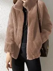 Women's Sherpa Jacket Casual Jacket Comfortable Breathable Zipper Casual Plain Vacation Street Casual Daily Wear Zipper Regular Stand Collar Regular Fit Long Sleeve Outerwear Black Purple Fuchsia