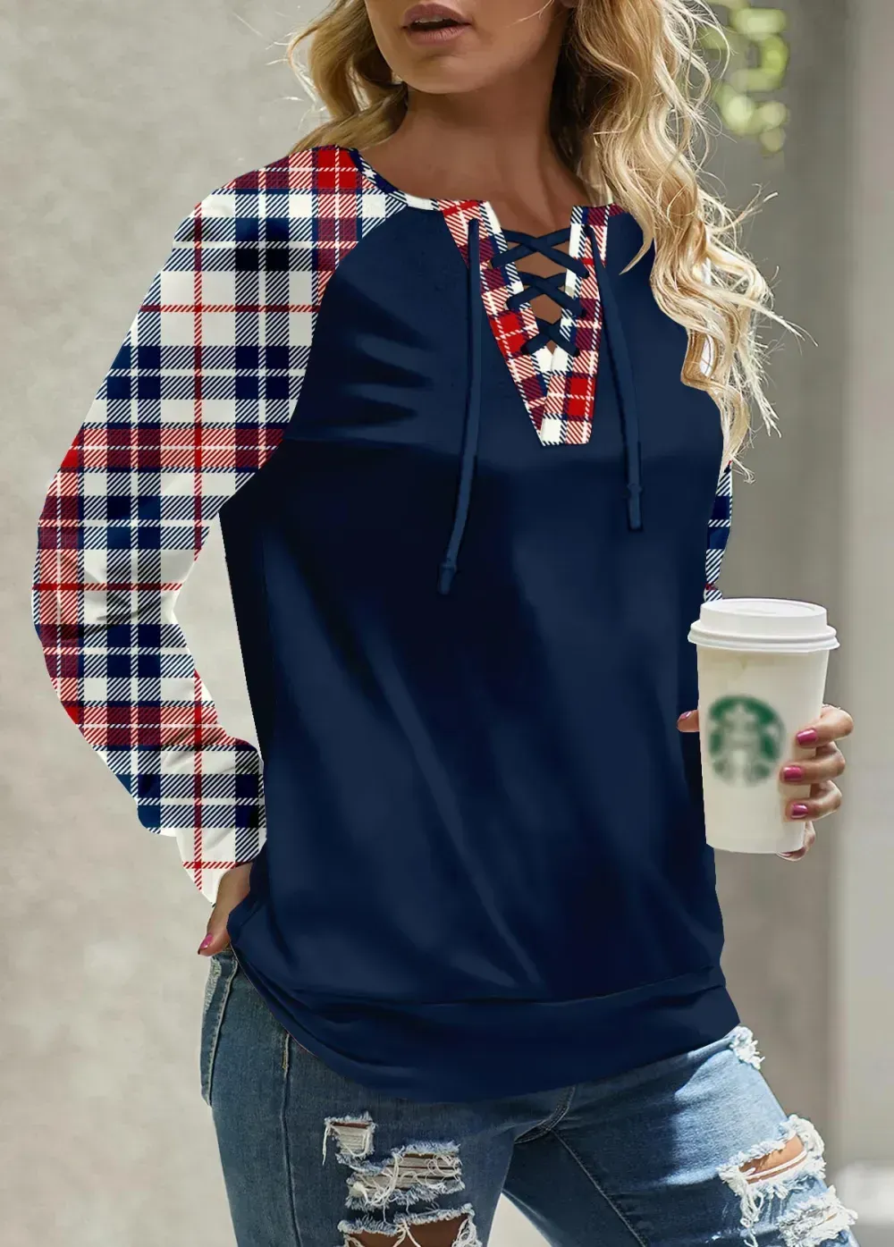 Navy Patchwork Plaid Long Sleeve Round Neck Sweatshirt