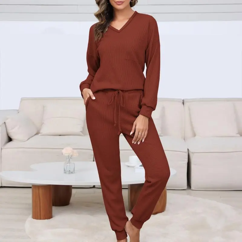 Women's Waffle Knit Lounge Set – Long Sleeve Pullover & Jogger Sweatpants