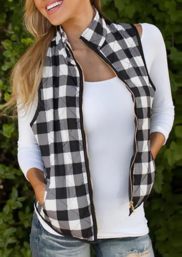 Plaid Pocket Sleeveless Vest Coat without Necklace