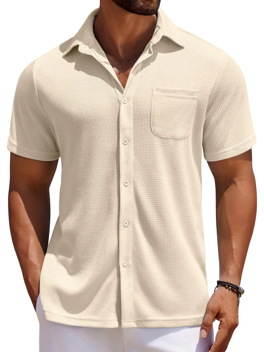 Men's Everyday Waffle Casual Pocket Solid Color Short Sleeve Shirt