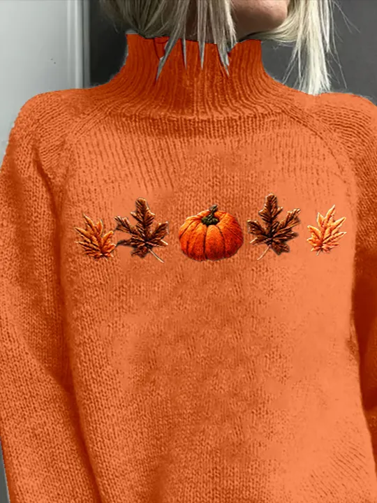 Women's Halloween Pumpkin Maple Leaf Print Casual Turtleneck Long Sleeve Sweater