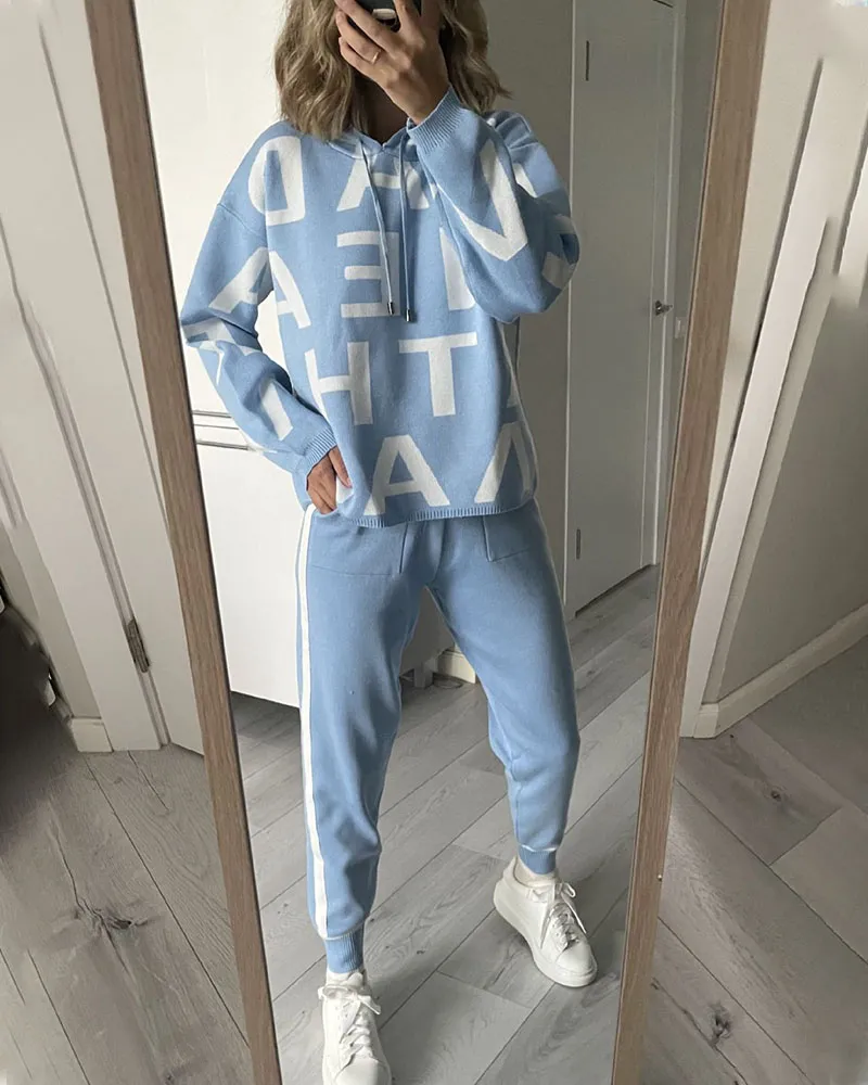 Hooded sports letter knitted two-piece set