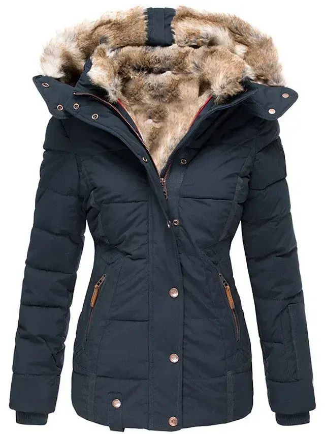 Women's Winter Parka Fleece Lined Puffer Jacket with Hood Pink Zipper Warm Coat with Pocket Active Comfortable Street Style Outerwear Long Sleeve