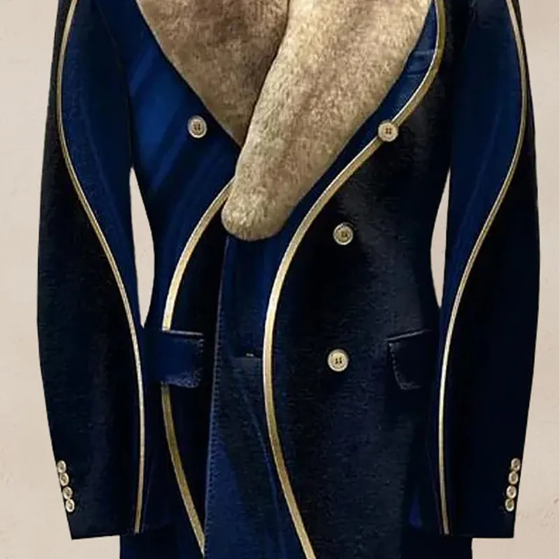 Men's Casual Contrast Binding Button Long Sleeve Windproof Fur Collar Overcoat