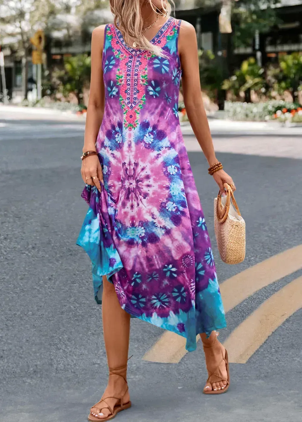 Blue Asymmetry Tie Dye Print H Shape Dress