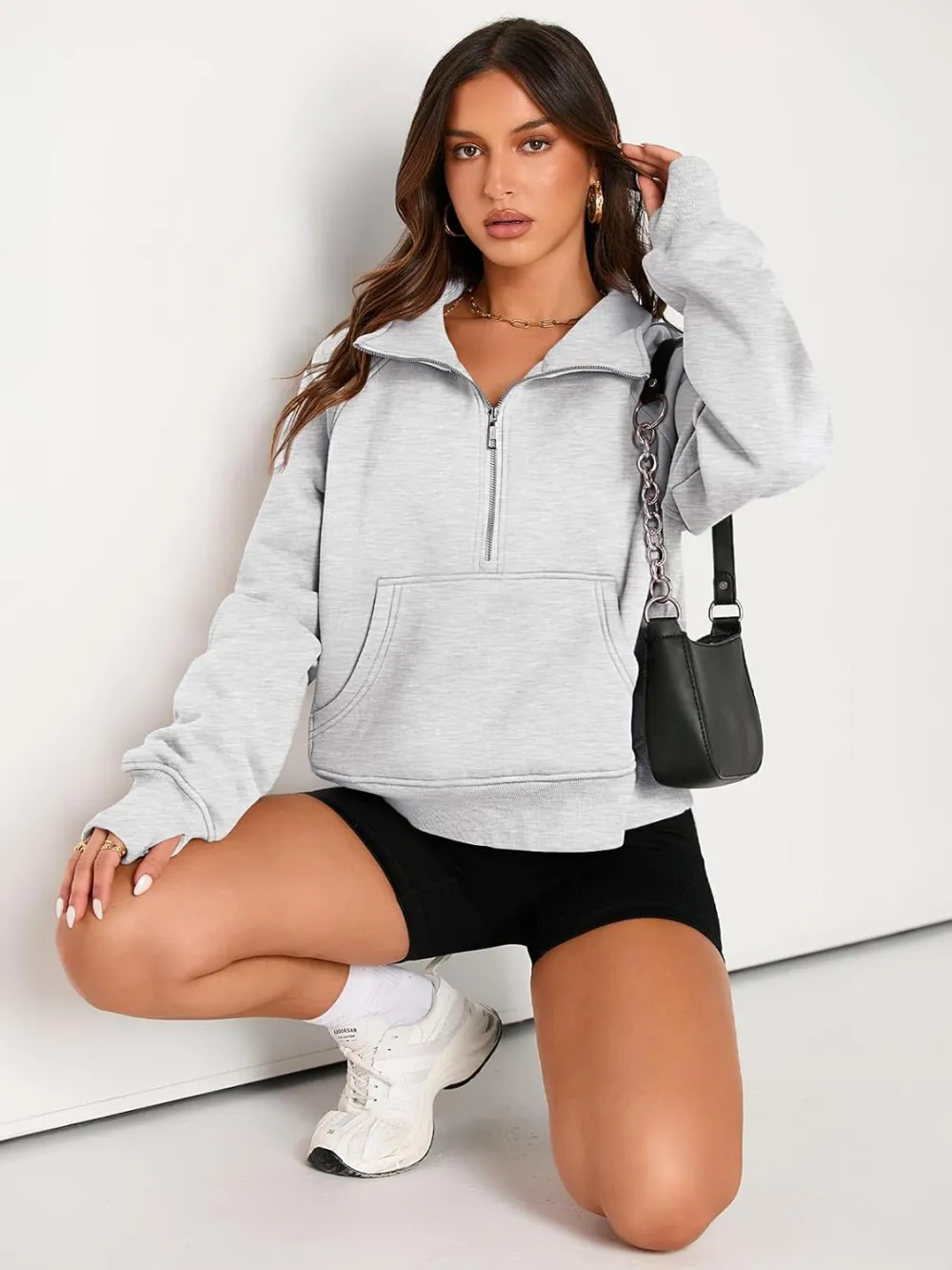 Womens Sweatshirts Half Zip Cropped Pullover Fleece Quarter Zipper Hoodies Fall outfits Clothes Thumb Hole
