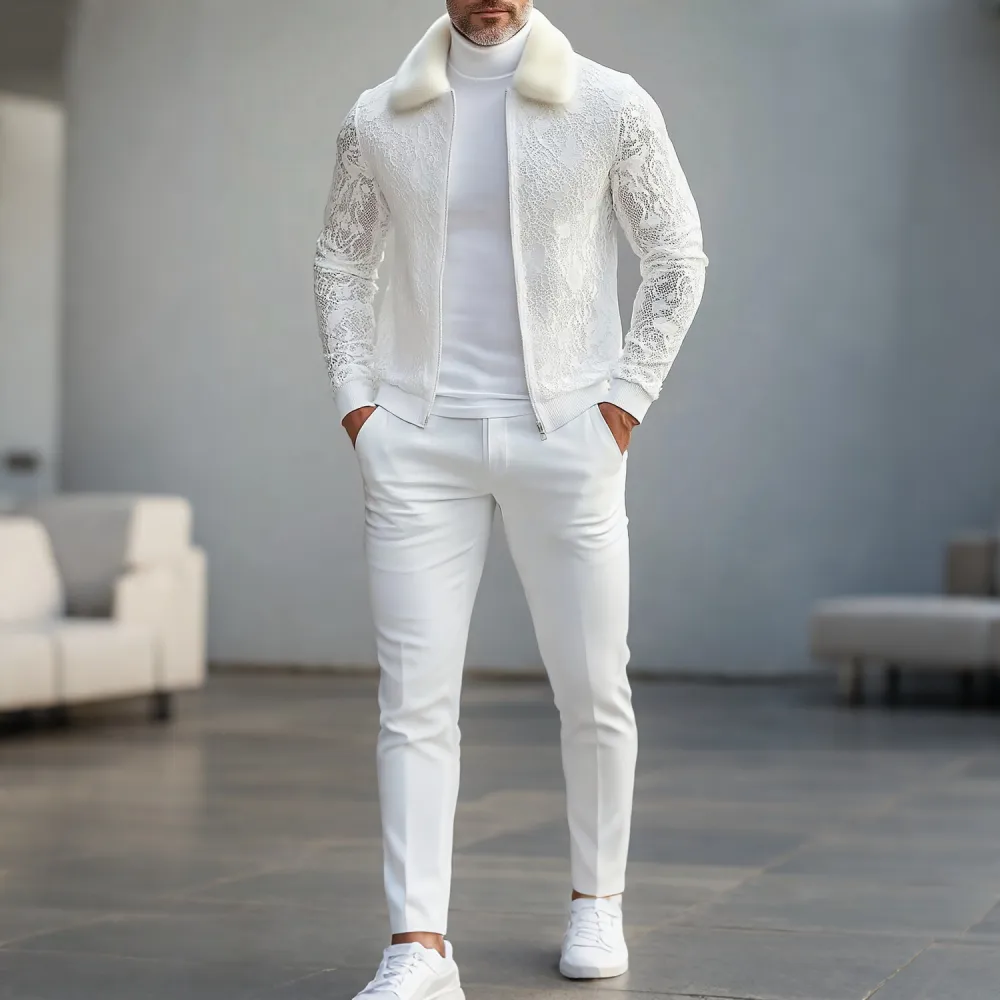 Men's Furry Turndown Collar Lace Long Sleeve Zip Up Jacket