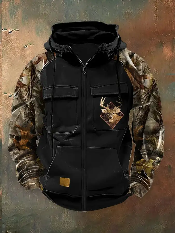 Men's Casual Retro Western Contrast Color Zipper Multifunctional Jacket