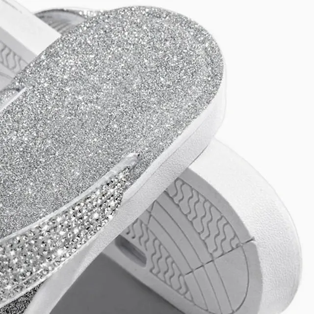 Women's Slippers Flip-Flops Flip-Flops Plus Size Comfort Shoes Daily Solid Color Rhinestone Flat Heel Open Toe Casual PU Loafer Silver Black Gold