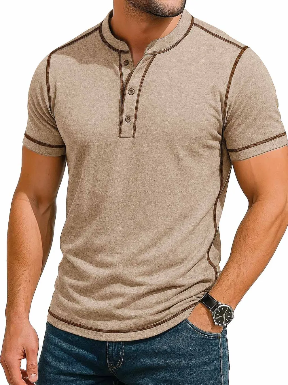 Men's Fashion Retro Contrast Color Line Short Sleeve Henley Shirt 