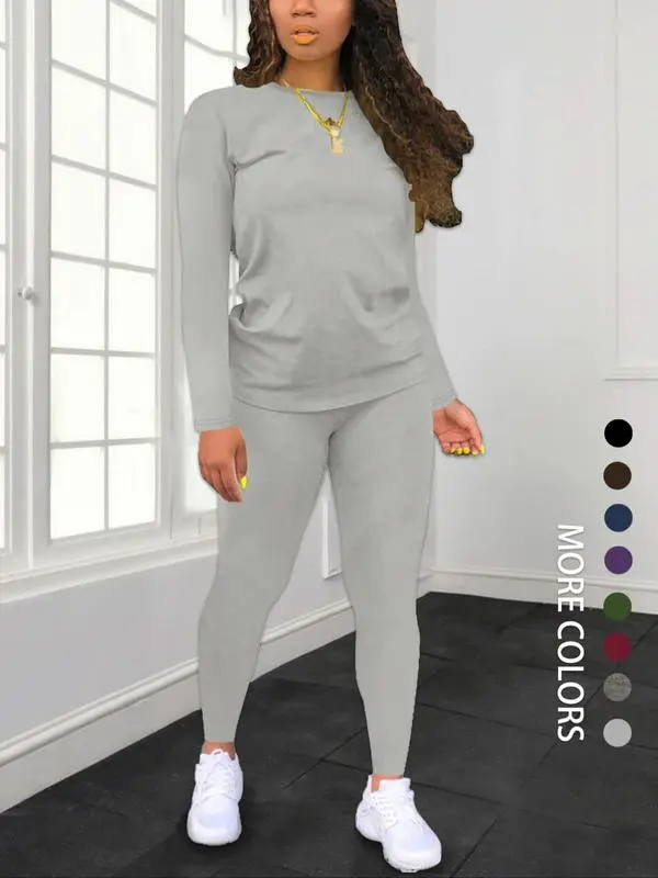 Women's Solid Long Sleeve Top & Pants Set – Minimalist, Casual, Comfy Outfit for Daily Wear.