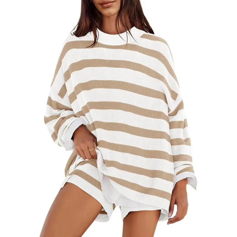 Women's 2 Piece Sweater Lounge Sets Striped Long Sleeve Shorts Oversized Matching Outfits