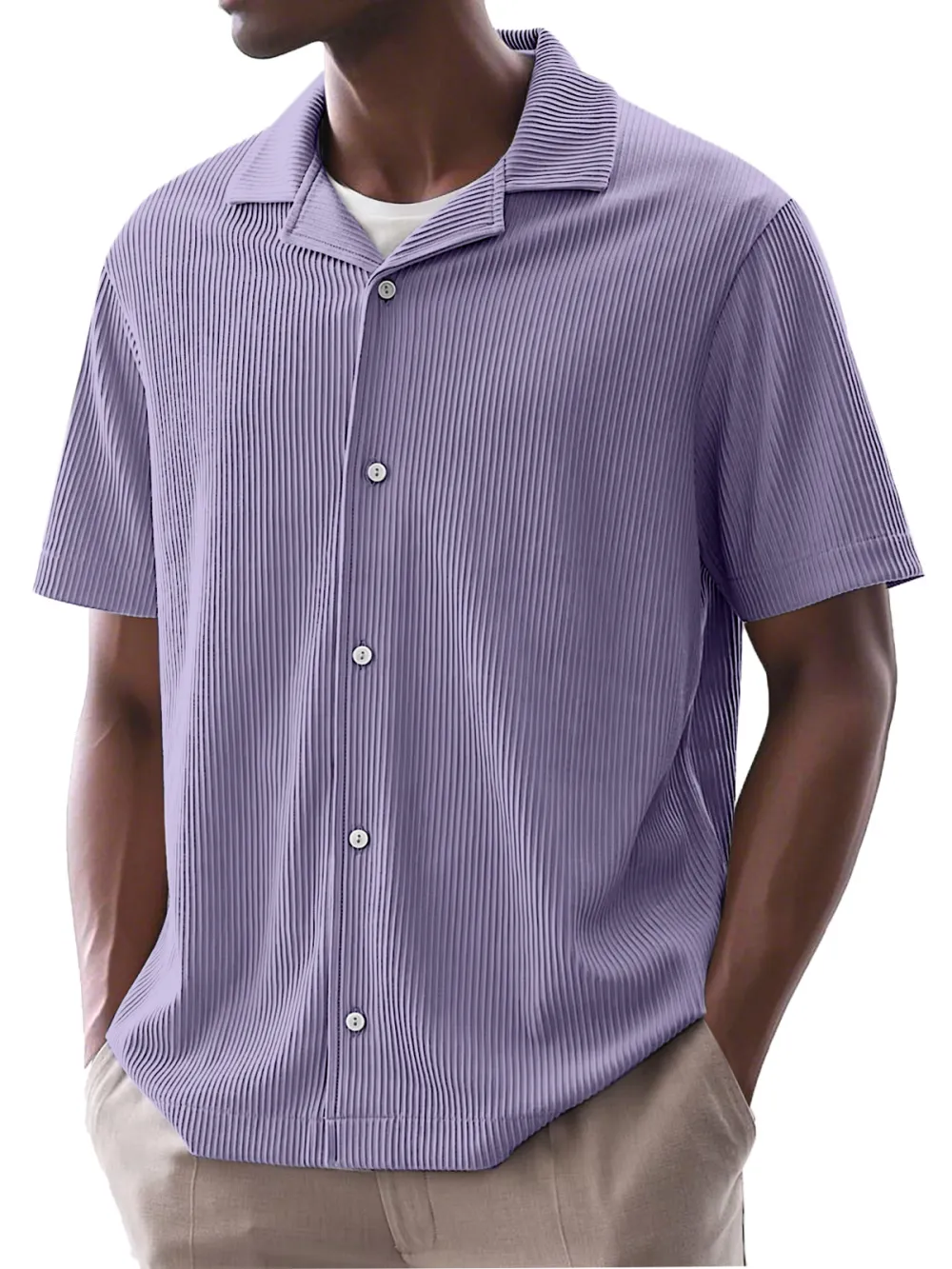 Men's Daily Simple Solid Color Ribbed Cuban Collar Short-sleeved Shirt