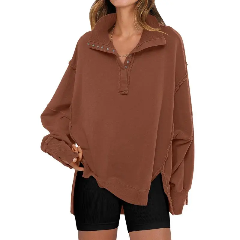 Women's Sweatshirts Oversized Casual Loose Button Up Henley Pullover Top High Low Split Fall Fashion Outfits