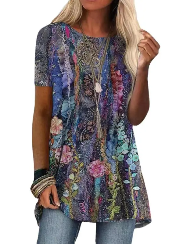 Women's Short Sleeve Scoop Neck Printed Tops T-shirts