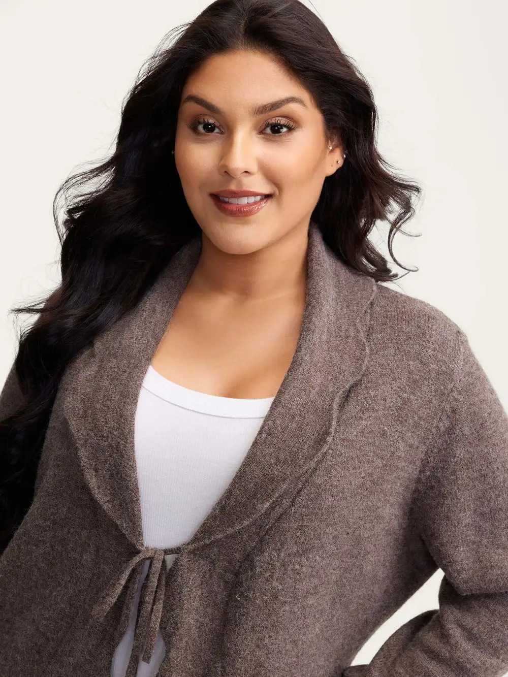 Wavy Arc Hem Tie-Front Knit Cardigan