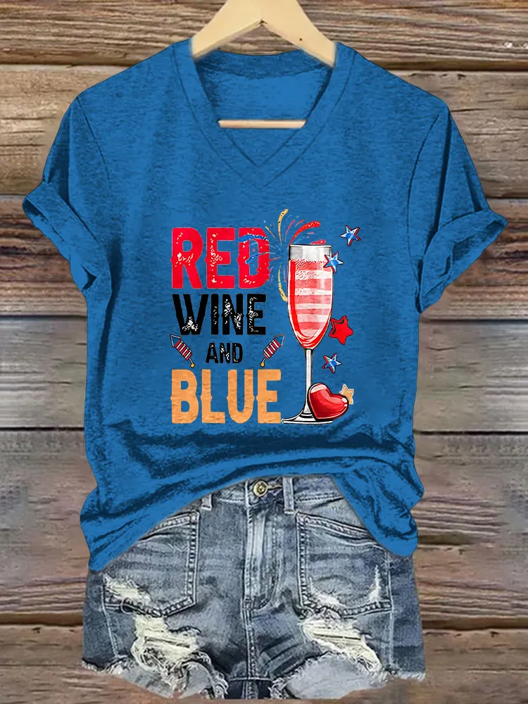 Women's America 1776 Red Wine And Blue Print Short Sleeve Round Neck Cotton T-Shirt