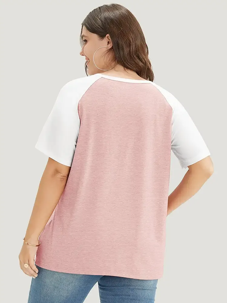 Colorblock Contrast Notched Raglan Sleeve T-shirt