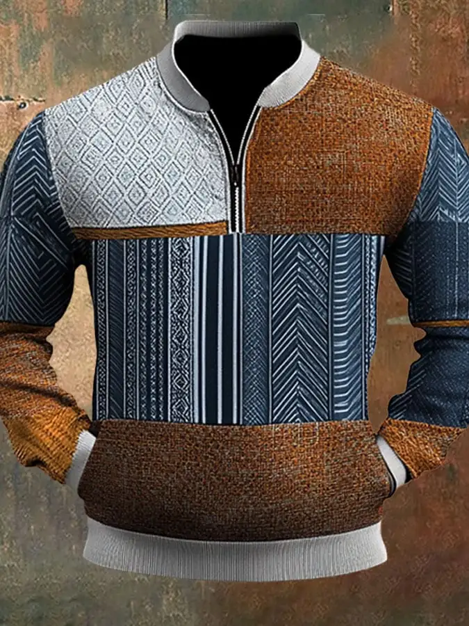 Men'S Casual 1/4 Zipper Half Stand Collar Retro Color Block Print Long Sleeve Sweatshirt