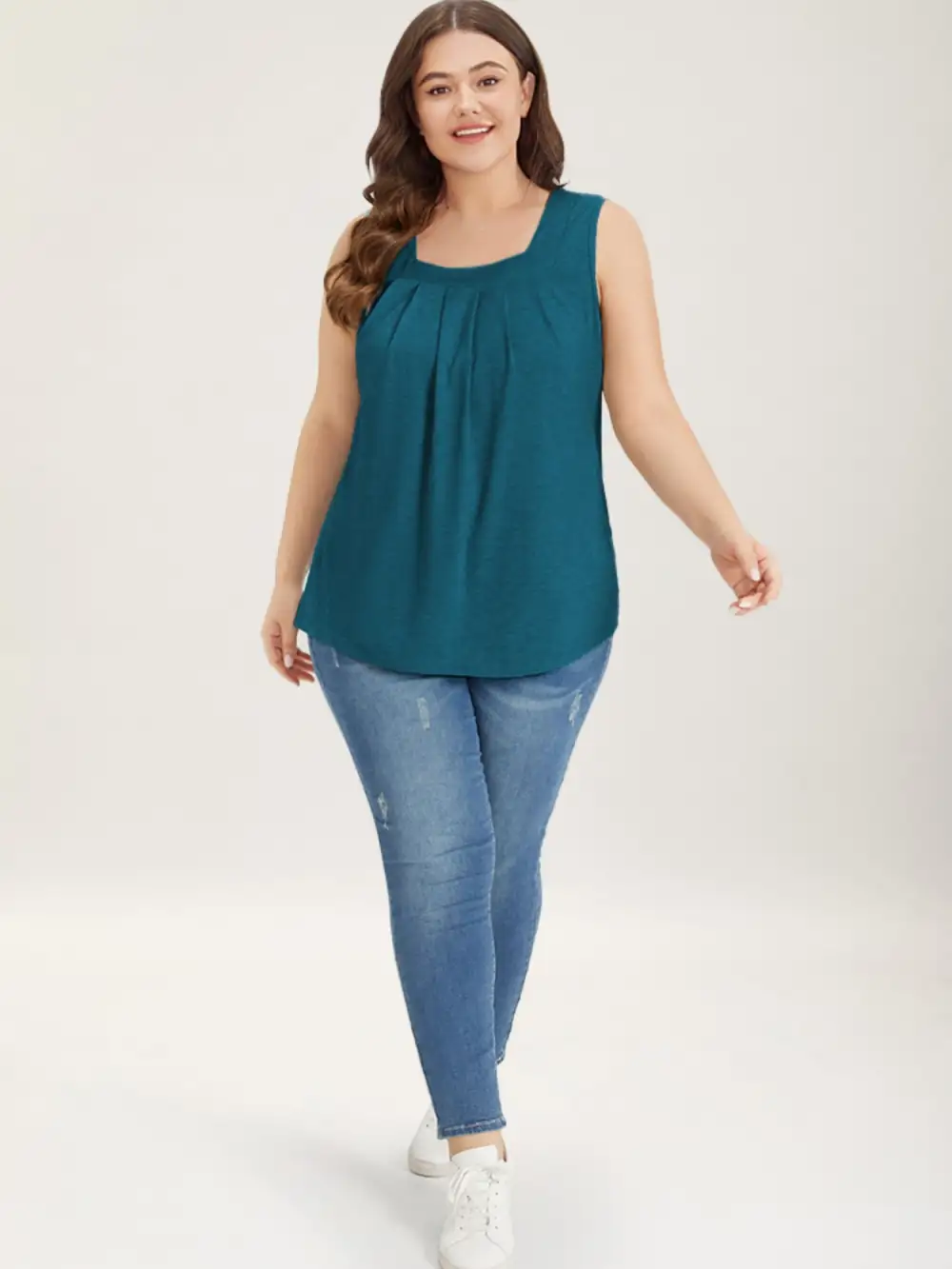 Heather Plicated Detail Square Neck Tank Top