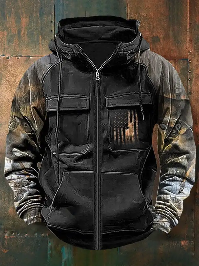 Men's Vintage Western Deer Print Multi-Pocket Jacket