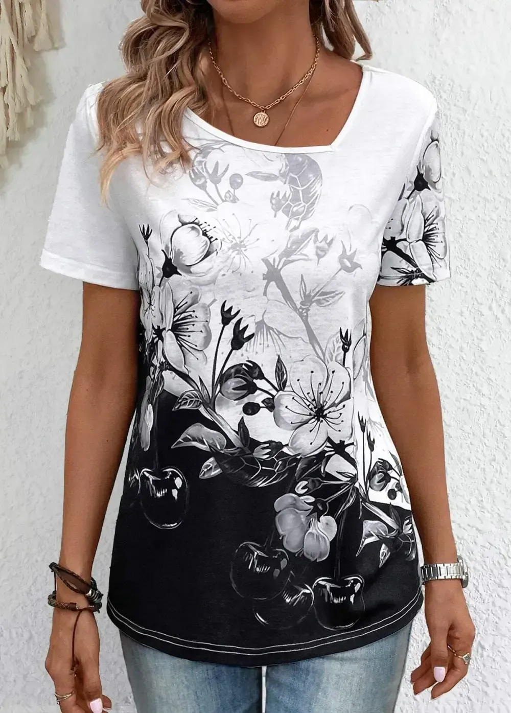Black Lightweight Floral Print Short Sleeve T Shirt
