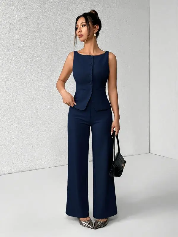 Women's Summer Two-Piece Set – Button Tank Top & Wide Leg Pants